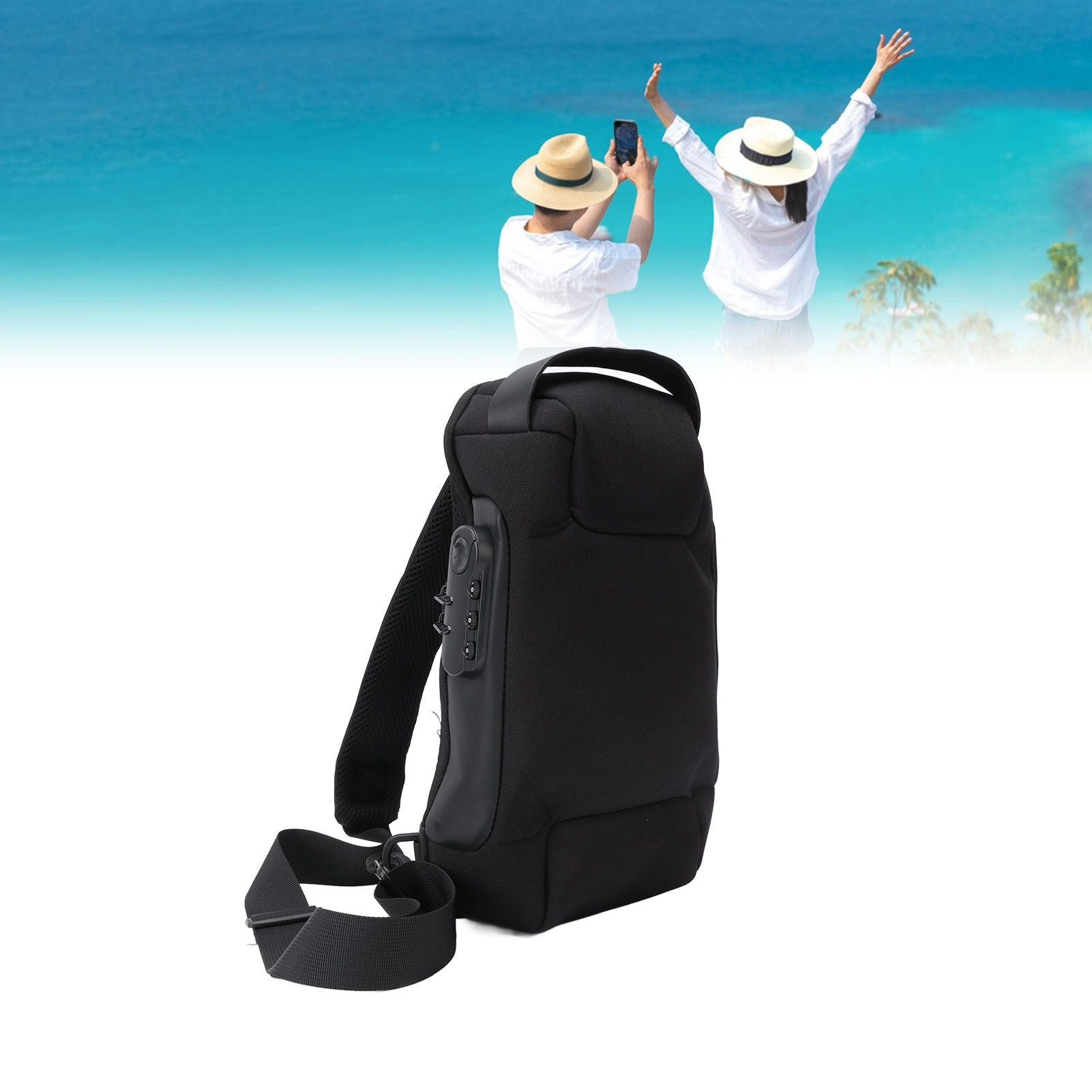 Sling Backpack Shoulder - กระเป๋าสะพายไหล่ผ้าอ็อกซ์ฟอร์ดความจุขนาดใหญ่ซิปแบบล็อคได้กระเป๋าสะพายแบบพกพาสำหรับผู้หญิงผู้ชายสีดำ 1 ชิ้น 320 กรัม